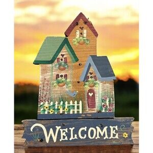 VTG Wooden Handmade Painted Welcome Plaque Signed Farmhouse Rustic Mexico 90s